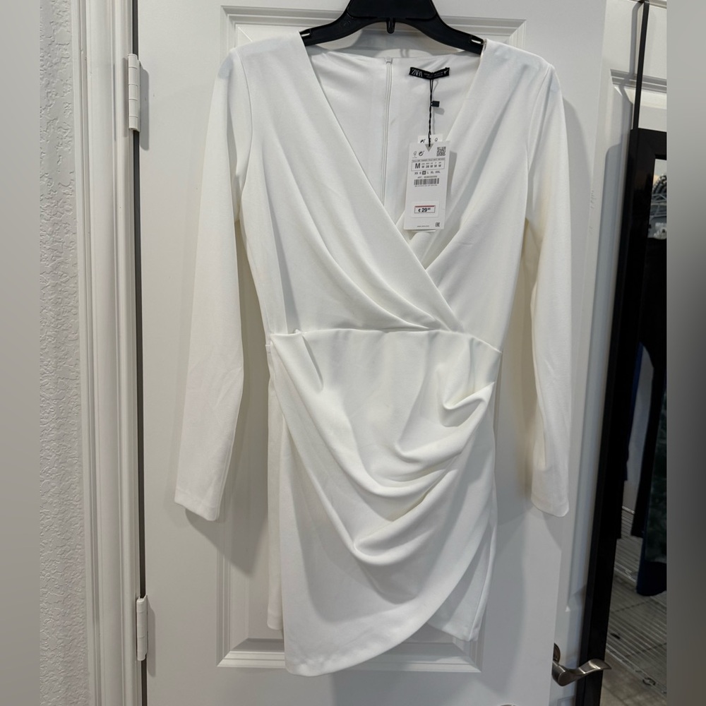 NWT ZARA White Draped Long Sleeve V Neck Mini Dress Size M Bride Bachelorette
